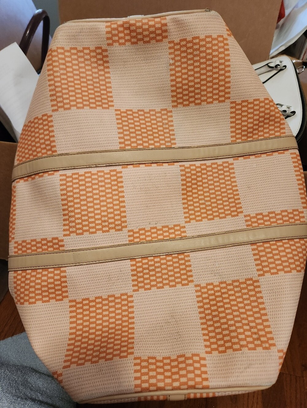 Designer-Inspired Orange Check Canvas Tote Bag with Cream Trim Louis - Picture 3 of 6
